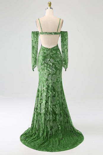Sirène à épaules dénudées Robe de soirée longue imprimée olive avec fente sur le devant