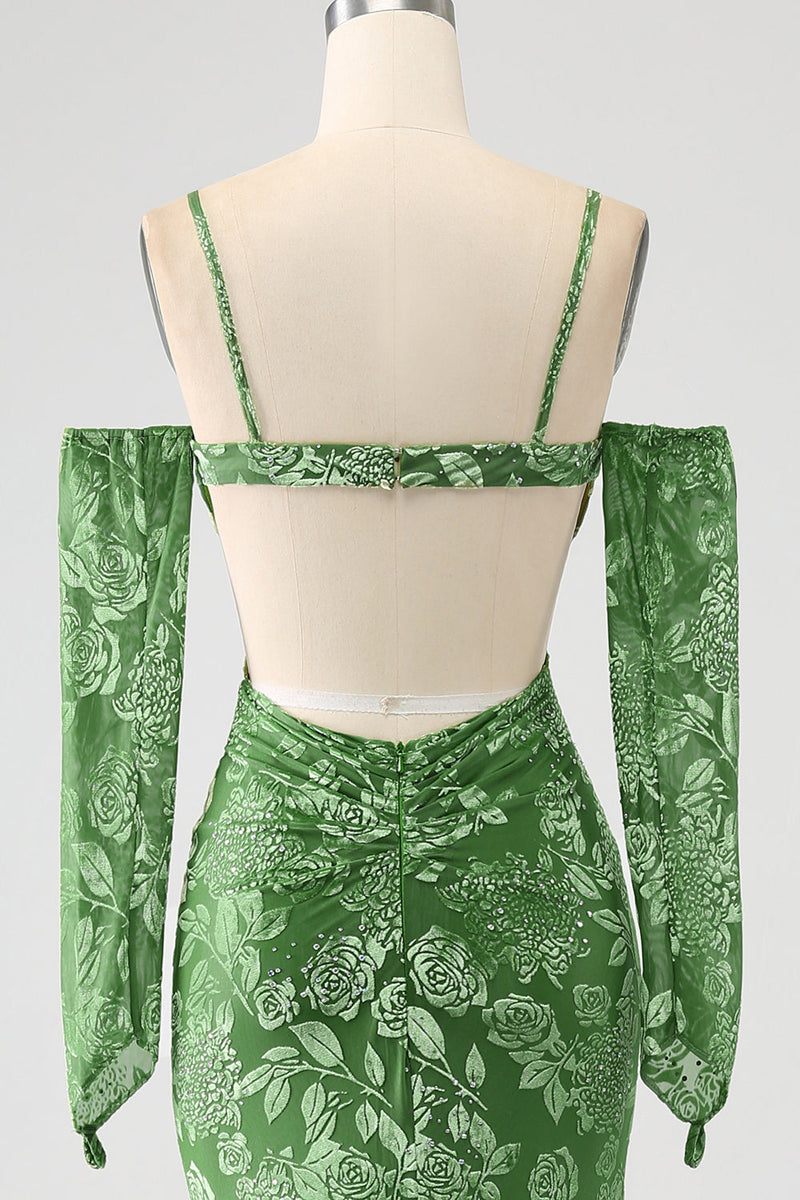 Charger l&#39;image dans la galerie, Sirène à épaules dénudées Robe de soirée longue imprimée olive avec fente sur le devant