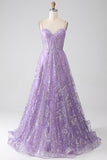 Robe de Soirée trapèze à bretelles fines et corset lilas avec paillettes