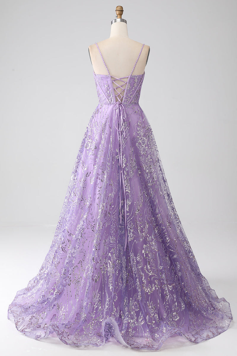 Charger l&#39;image dans la galerie, Robe de Soirée trapèze à bretelles fines et corset lilas avec paillettes
