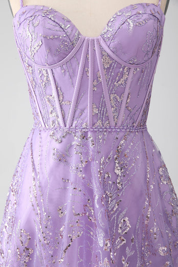 Robe de Soirée trapèze à bretelles fines et corset lilas avec paillettes