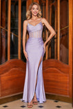 Robe de soirée Corset lilas à bretelles spaghetti sirène tendance avec fente devant