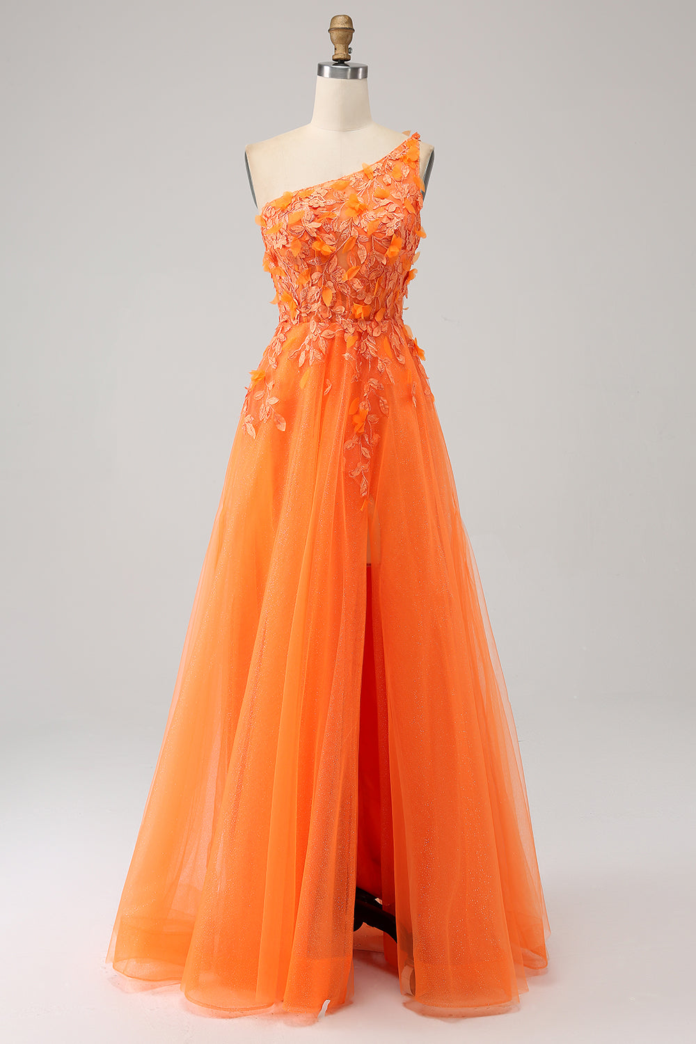 Orange une épaule A-ligne Tulle longue robe de soirée avec Appliques