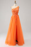 Orange une épaule A-ligne Tulle longue robe de soirée avec Appliques