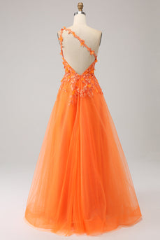 Orange une épaule A-ligne Tulle longue robe de soirée avec Appliques