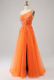 Orange une épaule A-ligne Tulle longue robe de soirée avec Appliques