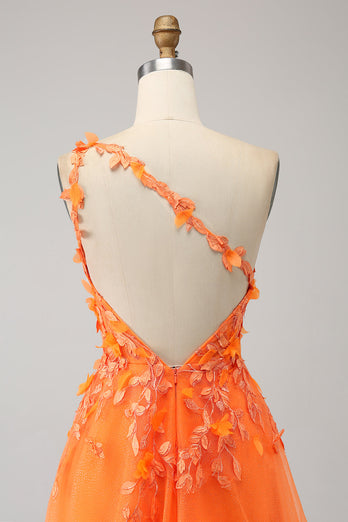 Orange une épaule A-ligne Tulle longue robe de soirée avec Appliques