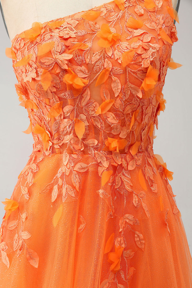 Charger l&#39;image dans la galerie, Orange une épaule A-ligne Tulle longue robe de soirée avec Appliques