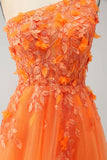 Orange une épaule A-ligne Tulle longue robe de soirée avec Appliques