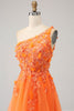 Charger l&#39;image dans la galerie, Orange une épaule A-ligne Tulle longue robe de soirée avec Appliques