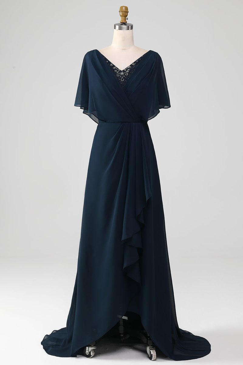 Charger l&#39;image dans la galerie, Robe de mariée à paillettes asymétriques à col en V bleu marine avec perles
