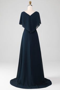 Robe de mariée à paillettes asymétriques à col en V bleu marine avec perles