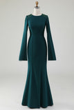 Robe sirène à col rond vert foncé avec manches cape perlées