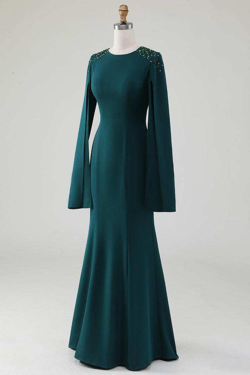 Charger l&#39;image dans la galerie, Robe sirène à col rond vert foncé avec manches cape perlées