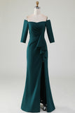 Robe de mère de la mariée sirène vert foncé, épaules dénudées, volants en cascade