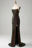 Charger l&#39;image dans la galerie, Paillettes noires spaghetti bretelles paillettes sirène robe de soirée avec fente
