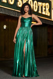 Robe de soirée corset vert foncé scintillante avec fente