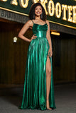 Robe de soirée corset vert foncé scintillante avec fente