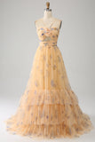 Robe de Soirée jaune trapèze dos nu plissée en tulle à plusieurs niveaux avec broderie