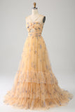 Robe de Soirée jaune trapèze dos nu plissée en tulle à plusieurs niveaux avec broderie