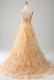 Robe de Soirée jaune trapèze dos nu plissée en tulle à plusieurs niveaux avec broderie
