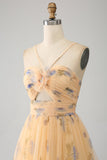 Robe de Soirée jaune trapèze dos nu plissée en tulle à plusieurs niveaux avec broderie