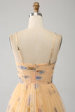 Robe de Soirée jaune trapèze dos nu plissée en tulle à plusieurs niveaux avec broderie