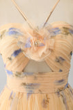 Robe de Soirée jaune trapèze dos nu plissée en tulle à plusieurs niveaux avec broderie