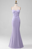 Robes de Soirée de corset sans bretelles gaine lilas avec des appliques de dentelle