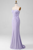 Robes de Soirée de corset sans bretelles gaine lilas avec des appliques de dentelle