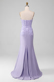 Robes de Soirée de corset sans bretelles gaine lilas avec des appliques de dentelle