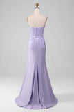 Robes de Soirée de corset sans bretelles gaine lilas avec des appliques de dentelle