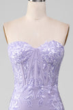 Robes de Soirée de corset sans bretelles gaine lilas avec des appliques de dentelle
