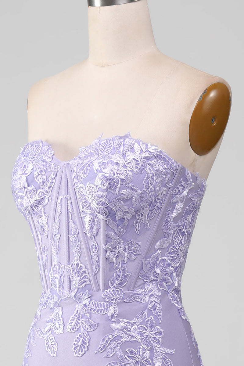 Charger l&#39;image dans la galerie, Robes de Soirée de corset sans bretelles gaine lilas avec des appliques de dentelle