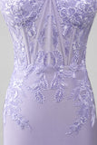 Robes de Soirée de corset sans bretelles gaine lilas avec des appliques de dentelle