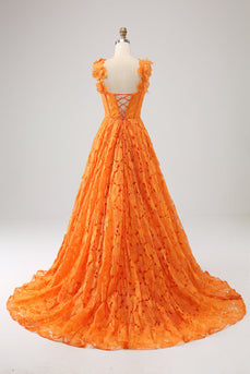Robe longue de soirée en dentelle florale trapèze orange