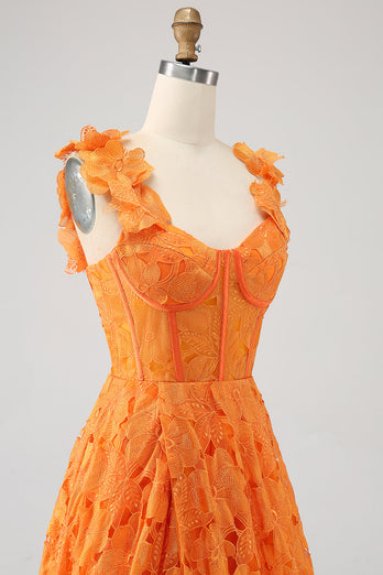 Robe longue de soirée en dentelle florale trapèze orange