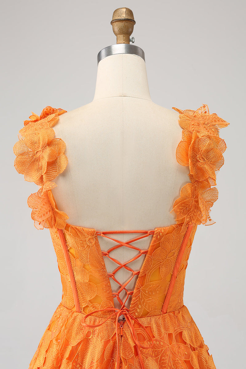 Charger l&#39;image dans la galerie, Robe longue de soirée en dentelle florale trapèze orange