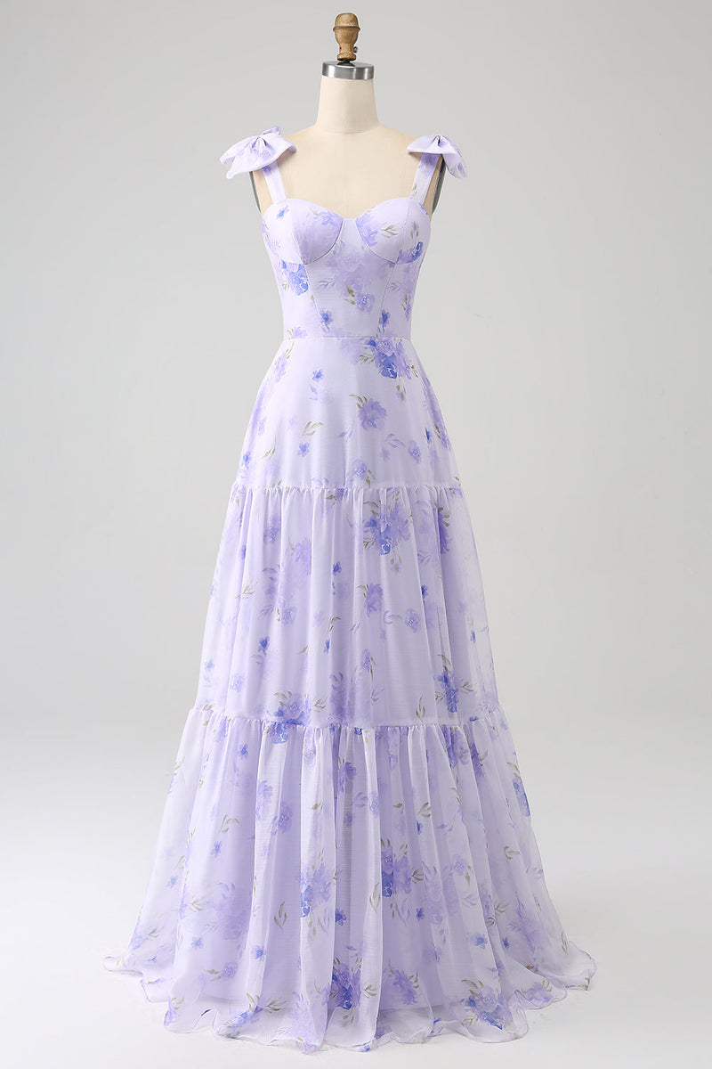 Charger l&#39;image dans la galerie, Corset lilas Floral A-Line Robe de soirée longue