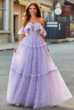 Robe de soirée longue longue corset lilas à épaules dénudées