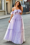 Robe de soirée longue longue corset lilas à épaules dénudées