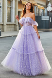 Robe de soirée longue longue corset lilas à épaules dénudées