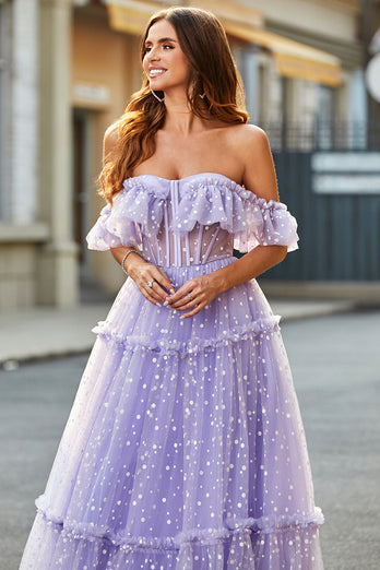 Robe de soirée longue longue corset lilas à épaules dénudées