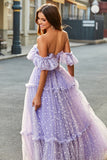 Robe de soirée longue longue corset lilas à épaules dénudées