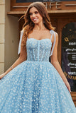 Robe de soirée corset trapèze bleu ciel à bretelles spaghetti avec fleurs