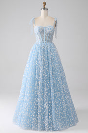 Robe de Soirée trapèze à bretelles spaghetti bleu ciel
