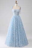 Robe de Soirée trapèze à bretelles spaghetti bleu ciel
