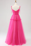 Robe de soirée longue en tulle à volants fuchsia