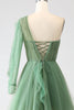 Charger l&#39;image dans la galerie, Robes de bal longues à une épaule vert foncé à manches longues