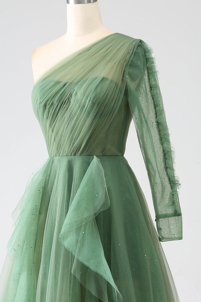 Charger l&#39;image dans la galerie, Robes de bal longues à une épaule vert foncé à manches longues